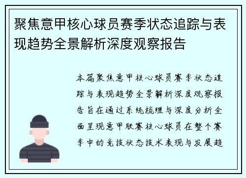 聚焦意甲核心球员赛季状态追踪与表现趋势全景解析深度观察报告