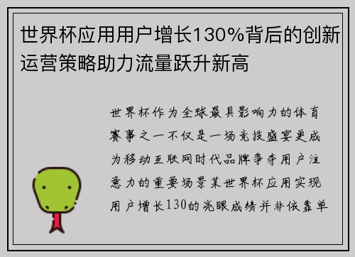 世界杯应用用户增长130%背后的创新运营策略助力流量跃升新高 世界杯应用用户增长130%背后的创新运营策略助力流量跃升新高